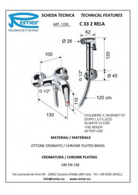 Remer 100 C 33 2 RELA настенный смеситель с душевым пистолетом, хром