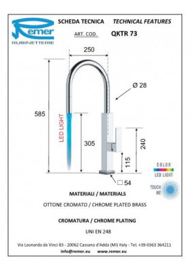 Remer KITCHEN QKTR 73 смеситель кухонный с сенсором «Touch-Me» и вытяжной лейкой с динамической подсветкой, хром