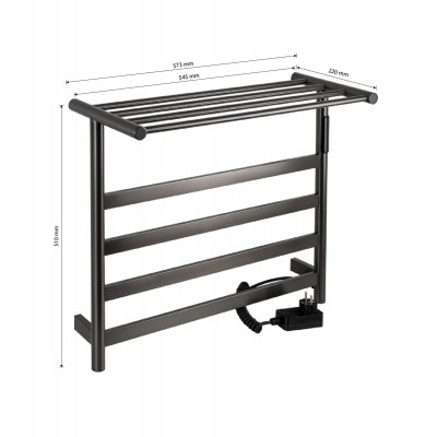 Полотенцесушитель электрический, графит, лесенка, с полкой, 510 х 573 х 220 мм, 4 перекл, 75 W, 220V / 50 Hz, нерж сталь, с таймером до 8 часов KRAFTTE (44020)