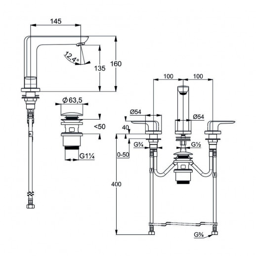 Смеситель для раковины (на три отверстия) KLUDI Ameo хром 413930575