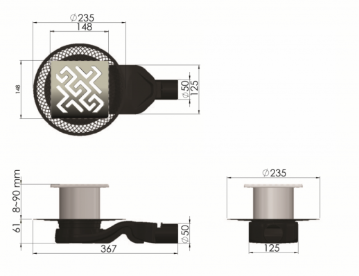 Трап BERGES водосток PLATZ Antik 150х150, золото глянец, S-сифон D50 H60 боковой