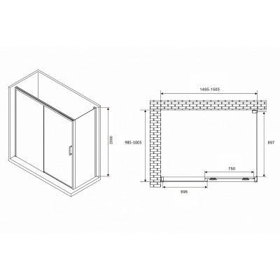 Душевой уголок Abber Komfort 150x100 AG93150-S102 п-ль хром стекло прозрачное