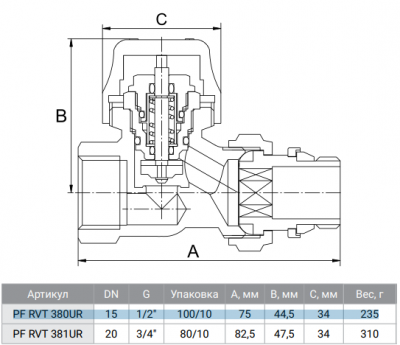 Вентиль радиаторный термостатический ProFactor PF rvt 380 UR 1/2" (прямой) с уплотнителем