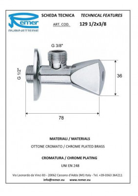 Remer 129 кран шаровой угловой (1/2"-3/8") под раковину, хром