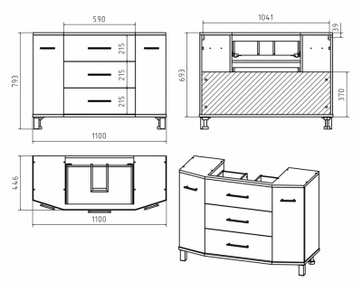 Тумба Misty Терра - 110 с 3 ящ. серая П-Тер01110-01503Я с раковиной