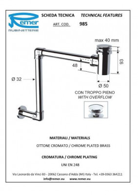 Сифон Remer RR 985 с донным клапаном, хром