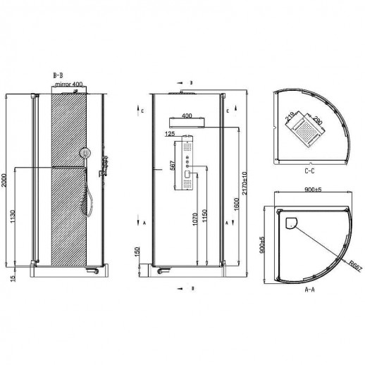 Душевая кабина Black&White Galaxy 90х90 8021000 с гидромассажем четверть круга