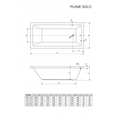 Ванна акриловая Cezares Plane Solo-170-70-45 170 x 70 x 45 см