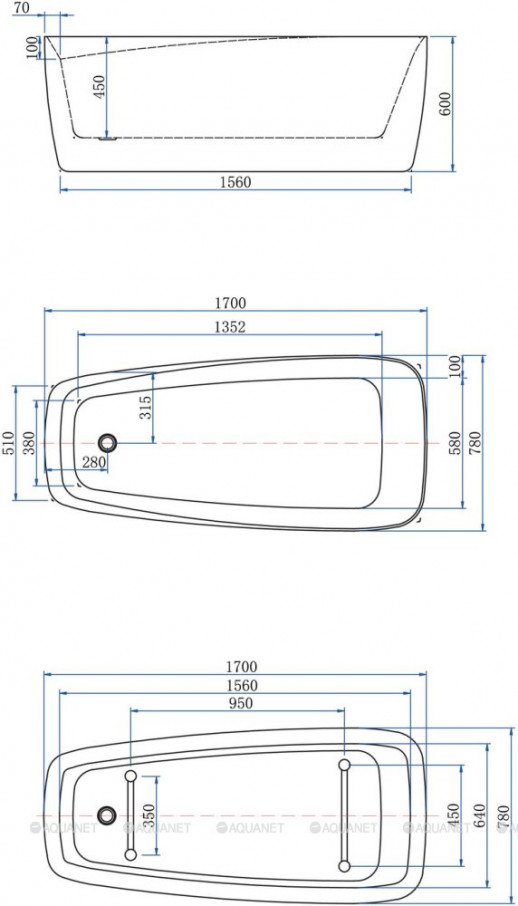Акриловая ванна Aquanet Family Trend 170x78 90778 Gloss Finish панель Black matte отдельностоящая асимметричная (00292984)