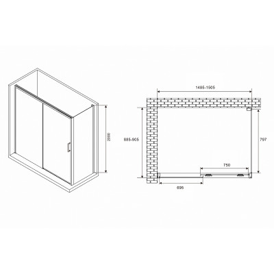 Душевой уголок Abber Komfort 150x90 AG93150-S92 п-ль хром стекло прозрачное