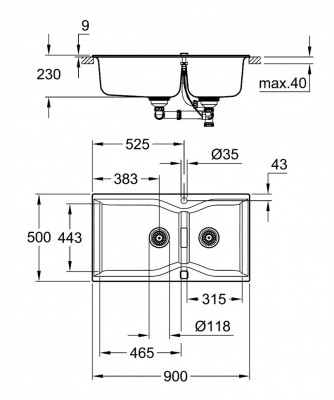 Мойка GROHE K700 с 2 чашами, 900 x 500 мм, черный гранит (31658AP0)