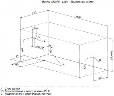 Акриловая ванна Aquanet Light 150x70 пристенная прямоугольная (00242507)