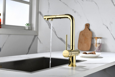 Кухонный смеситель Paulmark Serpentine Se213222-G золото с выдвижным изливом