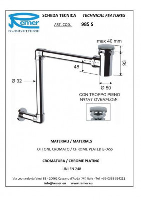 Сифон Remer RR 985 S с донным клапаном, хром