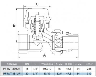 Вентиль радиаторный термостатический ProFactor PF rvt 381 UR 3/4" (прямой) с уплотнителем