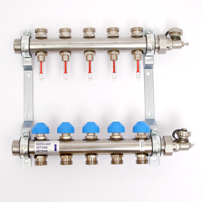 Коллекторная группа из нержавеющей стали с расходомерами и термостатическими вентилями UNI-FITT Н 1" х 3/4" 5 выходов (455W4305)