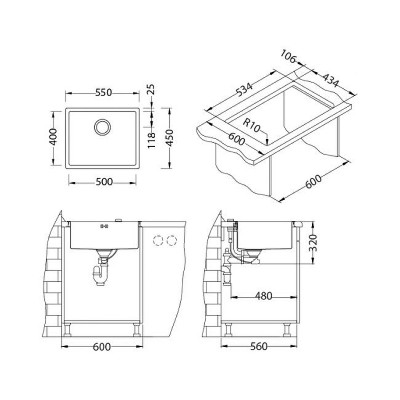 Мойка для кухни Alveus Quadrix 50 BRS-90 550x450x200 1102606 брашированная нерж сталь прямоугольная