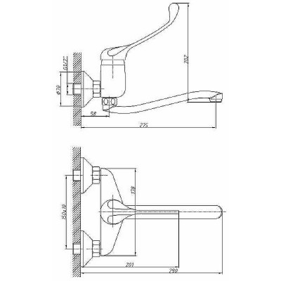 Настенный смеситель для кухни Haiba HB4654 с локтевой ручкой (латунь) хром