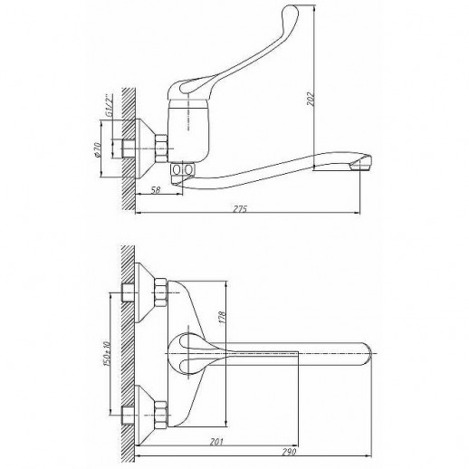 Настенный смеситель для кухни Haiba HB4654 с локтевой ручкой (латунь) хром