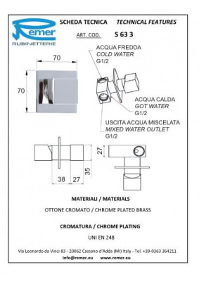 Remer SQ 3 S 63 3 встраиваемый смеситель для душа-пистолета, хром