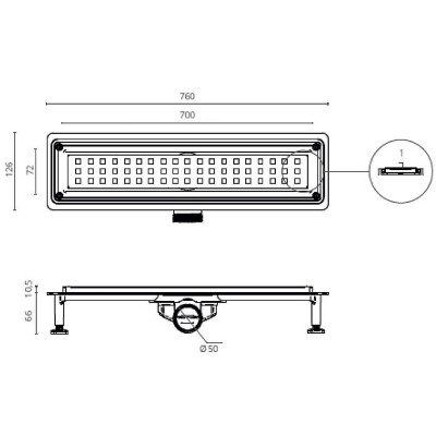 Душевой лоток Ctesi Flow Square Gold 70 BK4024640/1 с решеткой золото