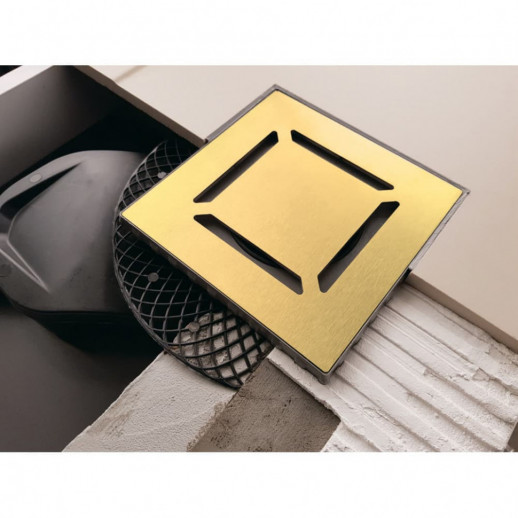 Трап BERGES водосток PLATZ Norma 150х150, золото глянец, S-сифон D50 H60 боковой