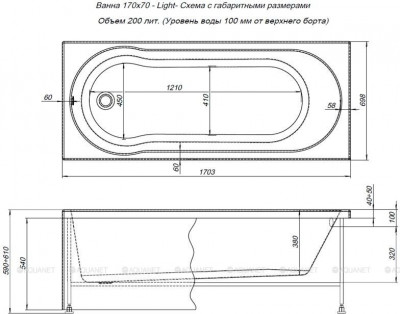 Акриловая ванна Aquanet Light 170x70 с каркасом пристенная прямоугольная (00244927)
