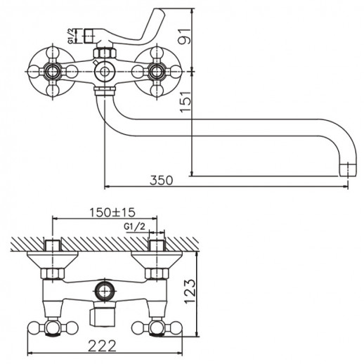 Двухвентильный смеситель для ванны Haiba HB2619-5 с душевым гарнитуром (латунь) сатин