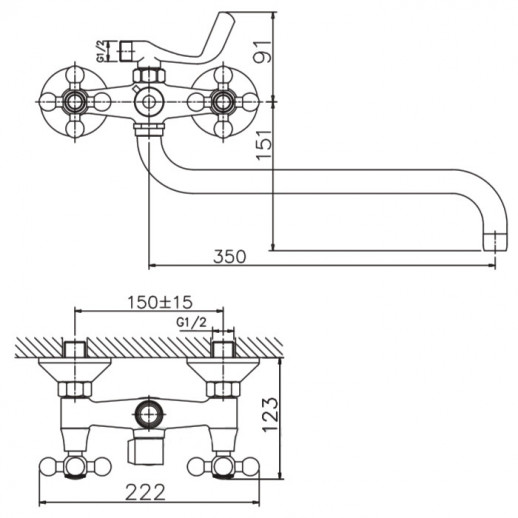 Двухвентильный смеситель для ванны Haiba HB2619-5 с душевым гарнитуром (латунь) сатин