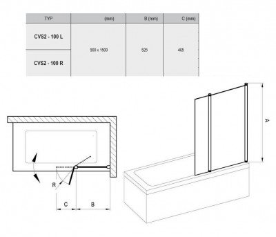 RAVAK 7QRA0C00Z1 шторка для ванны CVS2-100 R, блестящий/стекло