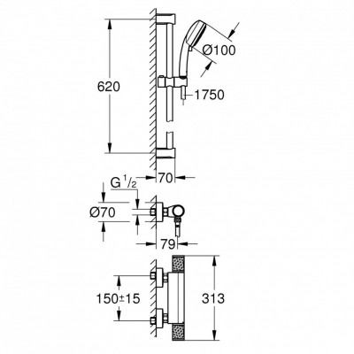 Термостат для душа GROHE Grohtherm 1000 Performance, внешний монтаж 1/2", хром + Душевой гарнитур Tempesta Cosmopolitan 100, 2 режима, душевая штанга 600 мм (34783000)
