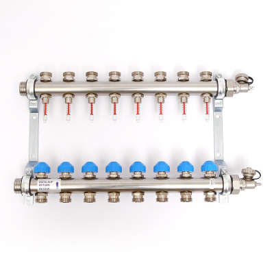 Коллекторная группа из нержавеющей стали с расходомерами и термостатическими вентилями UNI-FITT Н 1" х 3/4" 8 выходов (455W4308)