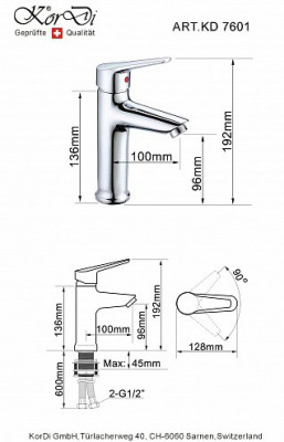 KorDi Reuss KD 7601 - D71 смеситель для раковины, хром