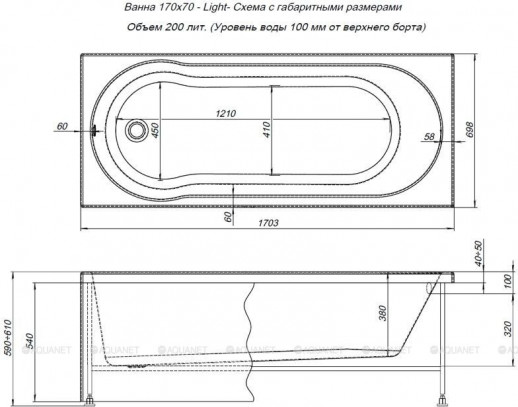 Акриловая ванна Aquanet Light 170x70 пристенная прямоугольная (00242509)