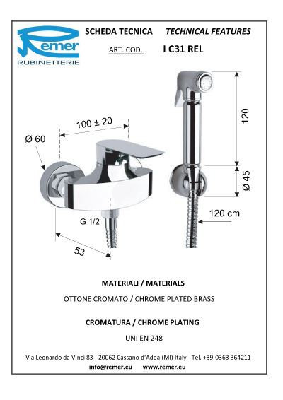 Remer INFINITY I C31 REL гигиеничесий комплект (смеситель, душ-пистолет), хром