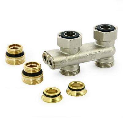 Узел радиаторный со встроенными вентилями UNI-FITT прямой перекрёстный НВ 3/4" х 3/4"ЕК с ниппелями и адаптером (196N3011)