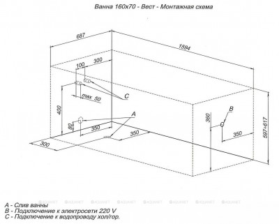 Акриловая ванна Aquanet West 160x70 пристенная прямоугольная (00204054)
