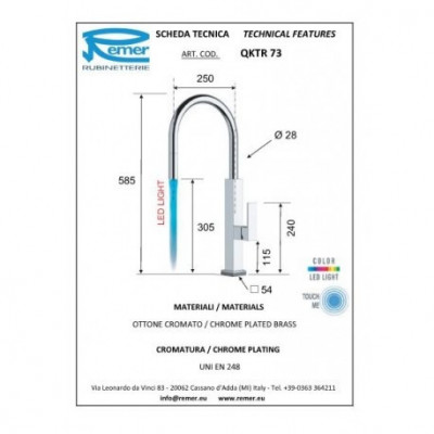 Remer Kitchen Touch-Me QKTR73D Высокий смеситель для кухни с сенсорным управлением и LED-подсветкой (хром)