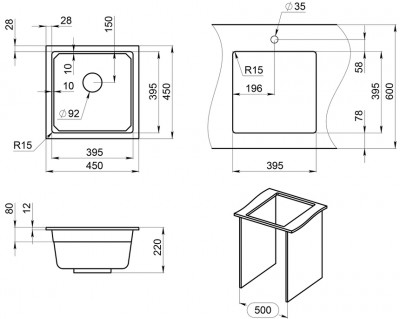Кухонная мойка GRANULA kitchen space (4501u, шварц) кварц 1 чаша квадратная 45х45