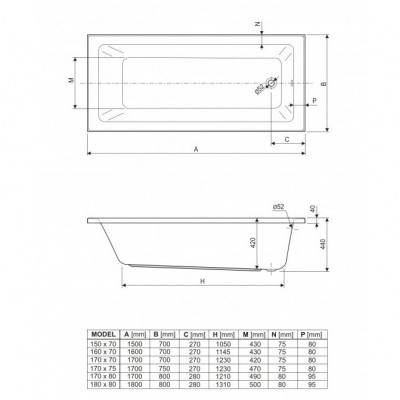 Акриловая ванна Cezares Plane Solo Mini-170x75-42 170 x 75 x 42 см