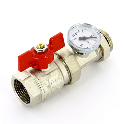 Кран шаровой НВ полнопроходной бабочка Uni-Fitt с разъемным соединением, термометром для коллекторных групп (118T4000)