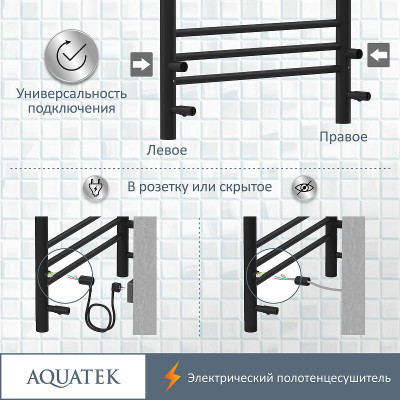 Полотенцесушитель электрический Aquatek Поларис П10 500x900 AQ EL KO1090BL черный муар лесенка