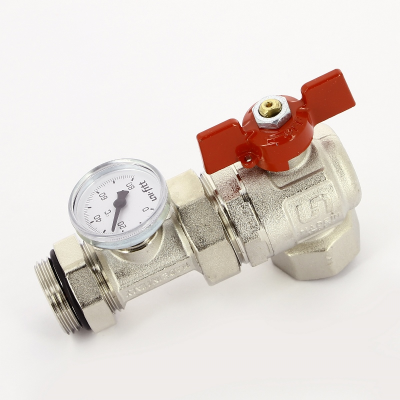 Кран угловой полнопроходной бабочка UNI-FITT НВ 1" с разъемным соединением и термометром для коллекторных групп (138T4000)