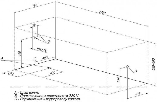 Акриловая ванна Aquanet Riviera 180x80 пристенная прямоугольная (00230997)