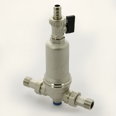 Фильтр промывной Uni-Fitt ВН 1/2" х 3/4" с редукц. соед., со сливным шаровым краном и манометром, никелир. (214B2300)