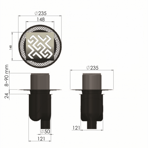 Трап BERGES водосток PLATZ Antik 150х150, хром глянец, S-сифон D50/105 H50 вертикальный