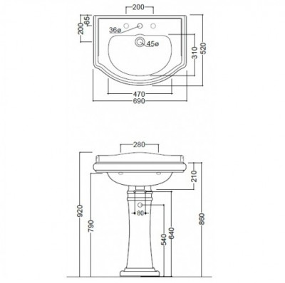 KERASAN Retro 1046bi*1 раковина 69 см х 52 см, белая