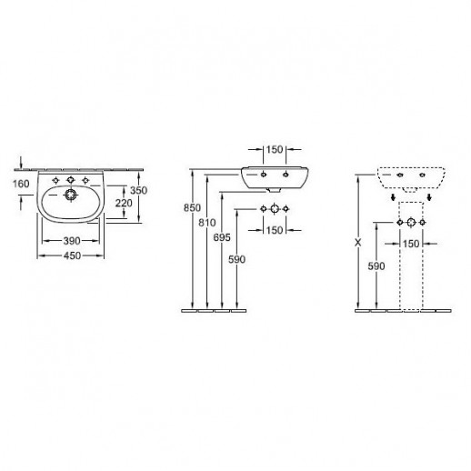 Villeroy&Boch O.novo 53604501 раковина подвесная укороченная, 45 см х 35 см, белая