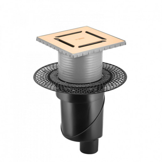 Трап BERGES водосток PLATZ Norma 150х150, золото глянец, S-сифон D50/105 H50 вертикальный
