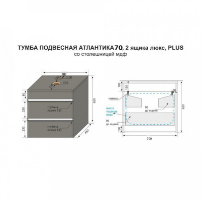 Тумба под раковину для ванной Style Line Атлантика 70 Люкс Plus подвесная со столешницей бетон темный (СС-00002282)